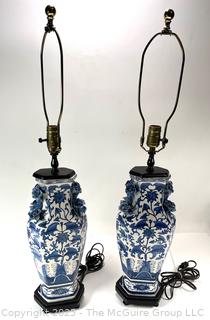 Pair of Blue and White Asian Motif Table Lamps