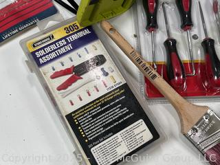 Hand Tools Including Ryobi Grinder (Battery), Corded Planer, Crimping Tool. 