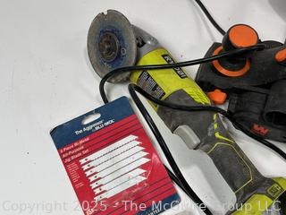 Hand Tools Including Ryobi Grinder (Battery), Corded Planer, Crimping Tool. 