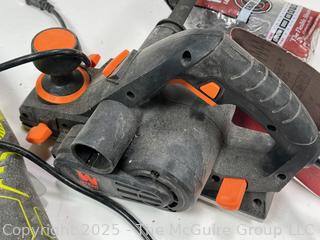 Hand Tools Including Ryobi Grinder (Battery), Corded Planer, Crimping Tool. 