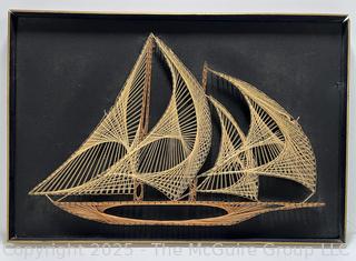 Framed Mid-Century Wire String Art of Sail Boat on Board. 16.5 x 22"