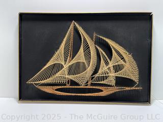 Framed Mid-Century Wire String Art of Sail Boat on Board. 16.5 x 22"