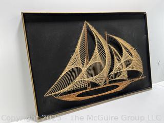 Framed Mid-Century Wire String Art of Sail Boat on Board. 16.5 x 22"