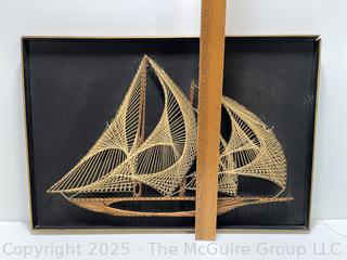 Framed Mid-Century Wire String Art of Sail Boat on Board. 16.5 x 22"