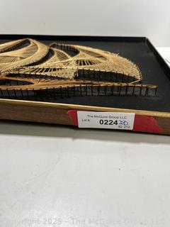 Framed Mid-Century Wire String Art of Sail Boat on Board. 16.5 x 22"