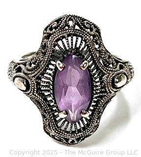 Art Deco Style Filigree Sterling Silver with Amethyst Ring