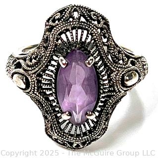 Art Deco Style Filigree Sterling Silver with Amethyst Ring