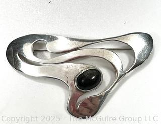 Asymmetrical Sterling Silver with Onyx Taxco Mexico Brooch Signed by Designer ASM 