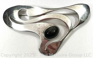 Asymmetrical Sterling Silver with Onyx Taxco Mexico Brooch Signed by Designer ASM 
