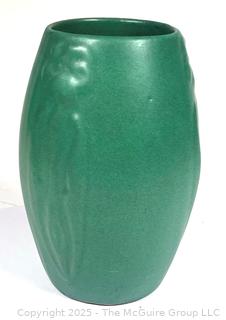 Green Arts & Craft Zanesville Stoneware Pottery Vase, Style 101 with Flower Relief