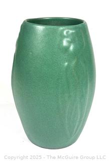 Green Arts & Craft Zanesville Stoneware Pottery Vase, Style 101 with Flower Relief