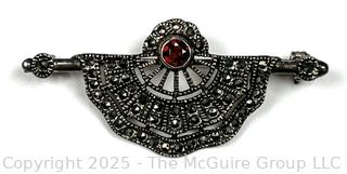 Art Deco Style Sterling Silver with Red Garnet & Marcasite Brooch