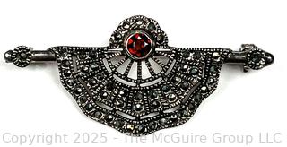Art Deco Style Sterling Silver with Red Garnet & Marcasite Brooch