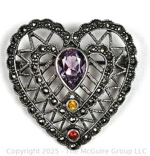 Sterling Silver with Amethyst, Citrine, Garnet and Marcasite Double Heart Brooch 