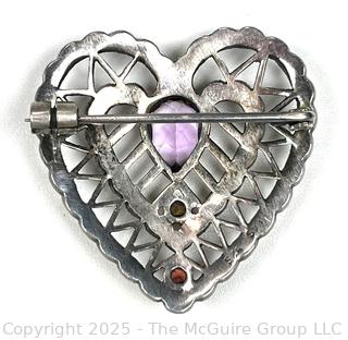 Sterling Silver with Amethyst, Citrine, Garnet and Marcasite Double Heart Brooch 