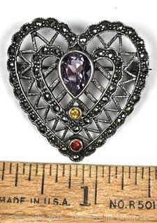 Sterling Silver with Amethyst, Citrine, Garnet and Marcasite Double Heart Brooch 