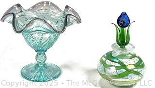 Fenton 95 Anniversary Iridescent Dish and Hand Blown Perfume Bottle