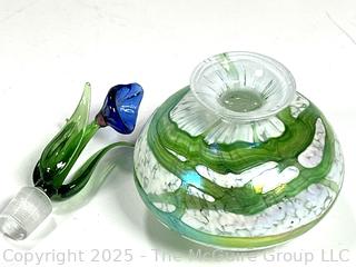 Fenton 95 Anniversary Iridescent Dish and Hand Blown Perfume Bottle