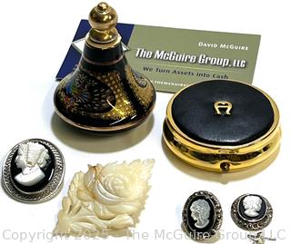 Perfume Bottle, Powder Compact, and Mother of Pearl Cameo Brooches