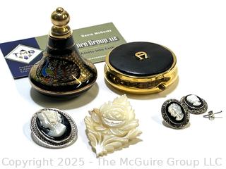 Perfume Bottle, Powder Compact, and Mother of Pearl Cameo Brooches