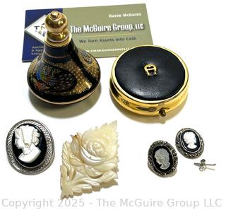 Perfume Bottle, Powder Compact, and Mother of Pearl Cameo Brooches