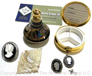 Perfume Bottle, Powder Compact, and Mother of Pearl Cameo Brooches
