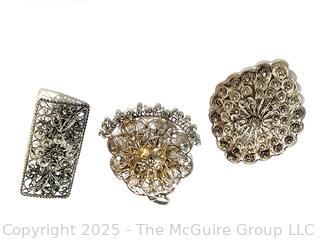 Three (3) Spun Silver Cannetille Sterling Silver Filigree Brooches