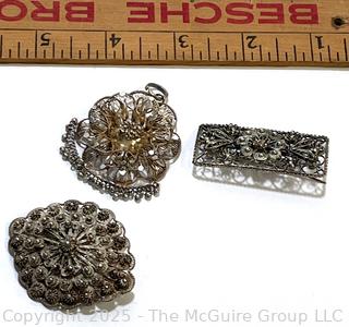 Three (3) Spun Silver Cannetille Sterling Silver Filigree Brooches