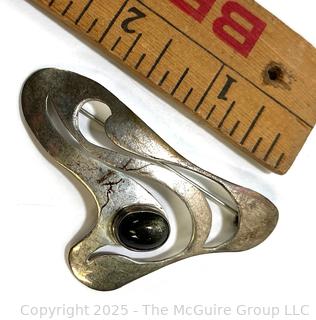 Asymmetrical Sterling Silver with Onyx Taxco Mexico Brooch Signed by Designer ASM 