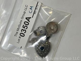 Three (3) Sterling Silver Pendants Including Marcasite Heart, Green Stone Drop and Flower on Chain 