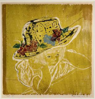Framed Under Glass Color Lithograph Titled, “Girl With Hat” Signed and Numbered by Artist Hope Meryman. 23.5 x 24”