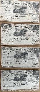 Four (4) State of North Carolina Ten Cent Confederacy Fractional Currency Notes 1862