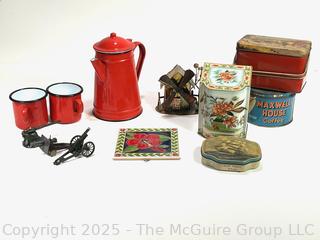 Group Including Red Enamelware Coffee Pot and Mugs, Tins, Trivet Tile and More