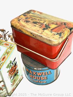 Group Including Red Enamelware Coffee Pot and Mugs, Tins, Trivet Tile and More