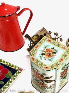 Group Including Red Enamelware Coffee Pot and Mugs, Tins, Trivet Tile and More