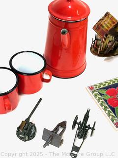 Group Including Red Enamelware Coffee Pot and Mugs, Tins, Trivet Tile and More