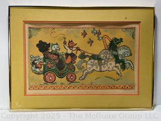 Framed Color Print of Anthropomorphic Animals in a Russian Troika Sleigh, Signed by Artist with Russian Info Sheet.  19 x 26".
