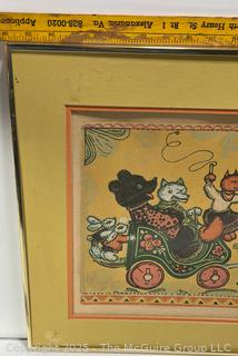 Framed Color Print of Anthropomorphic Animals in a Russian Troika Sleigh, Signed by Artist with Russian Info Sheet.  19 x 26".