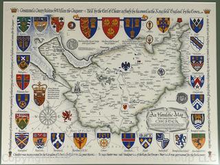 Large Framed Under Glass Color Print of Heraldic Map of Chester.  21 x 26"