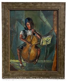 Framed Oil on Canvas of Girl Playing Cello. 19.5 x 23.5”