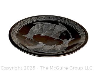 Black Stoneware Bowl with Hand Carved Fish Folk Art. 12" Diameter
