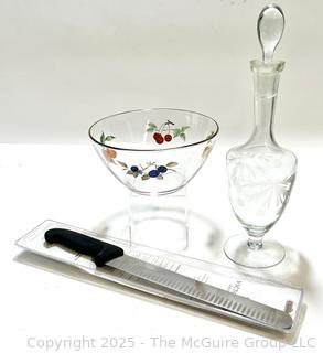 Victorinox Knife, Etched Cruet with Stopper, and Glass Fruit Bowl.