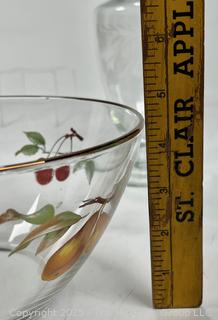 Victorinox Knife, Etched Cruet with Stopper, and Glass Fruit Bowl.