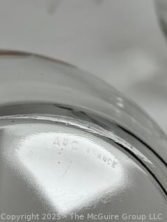 Victorinox Knife, Etched Cruet with Stopper, and Glass Fruit Bowl.