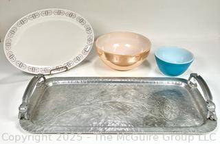 Hammered Aluminum Tray, Pyrex and Anchor Hocking Bowls and Franciscan Oval Platter