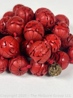 Hand Knotted Carved Cinnabar Bead Necklace 