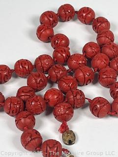 Hand Knotted Carved Cinnabar Bead Necklace 