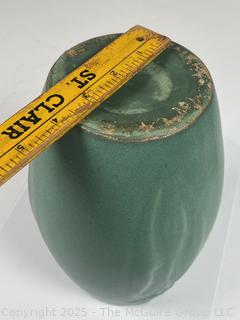 Green Arts & Craft Zanesville Stoneware Pottery Vase, Style 101 with Flower Relief