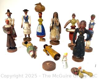 Collection of Carved Wood Folk Art Dolls. Made in Portugal 