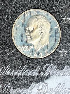1973 US Eisenhower $1 Dollar Proof Coin in US Mint Case (40% silver)